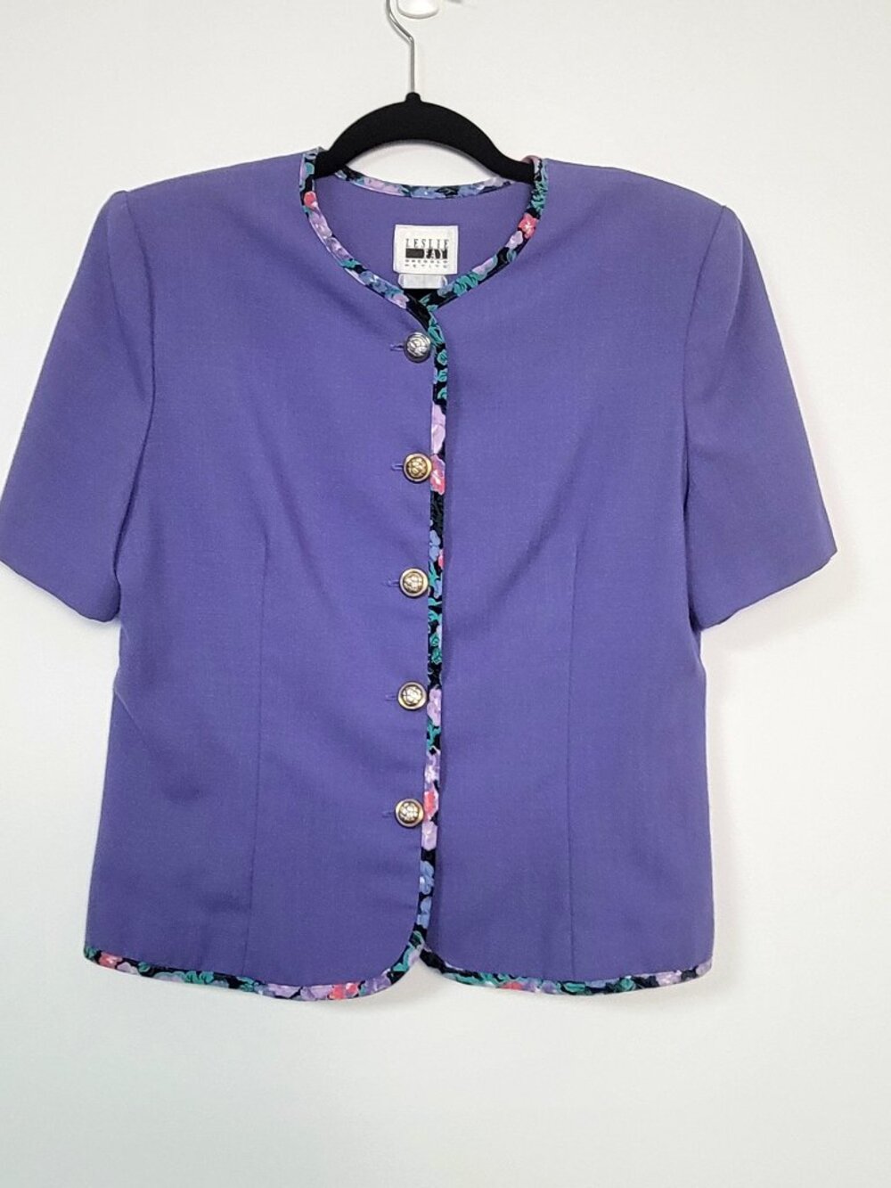 Vintage 80s Leslie Fay Purple Floral Trim Short Sleeve Jacket